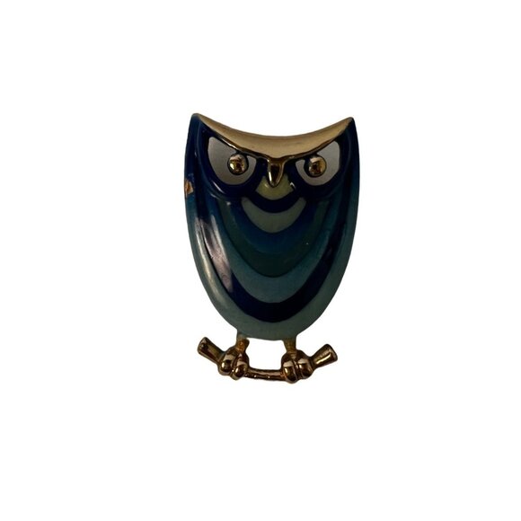 Eisenberg Enamel Blue Owl Brooch Pin With Gold Accents & Rhinestone Eyes - Picture 7 of 10